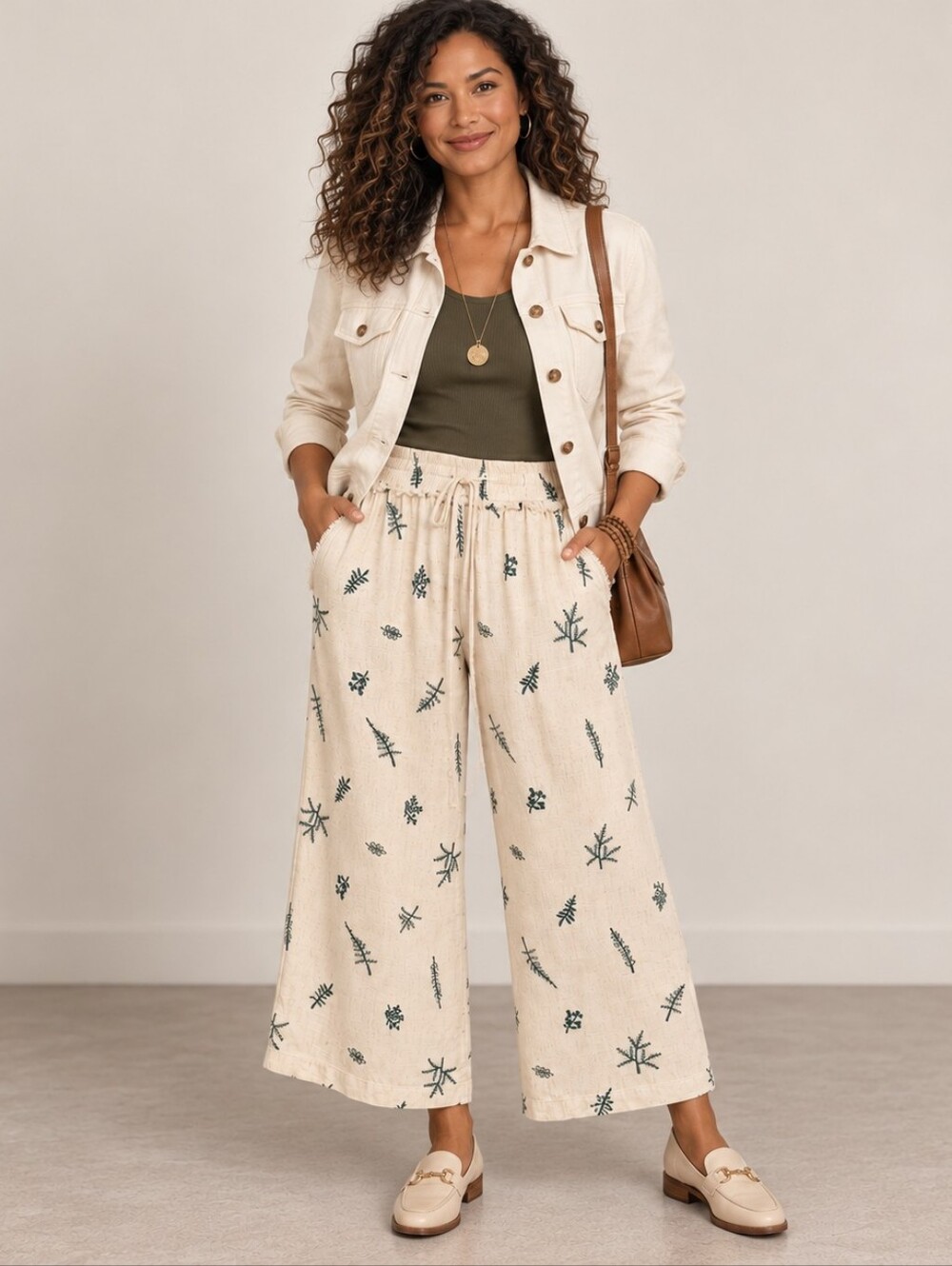 Umgee Cream Green Botanical Wide Leg Cropped Pants Raw Edge M A341